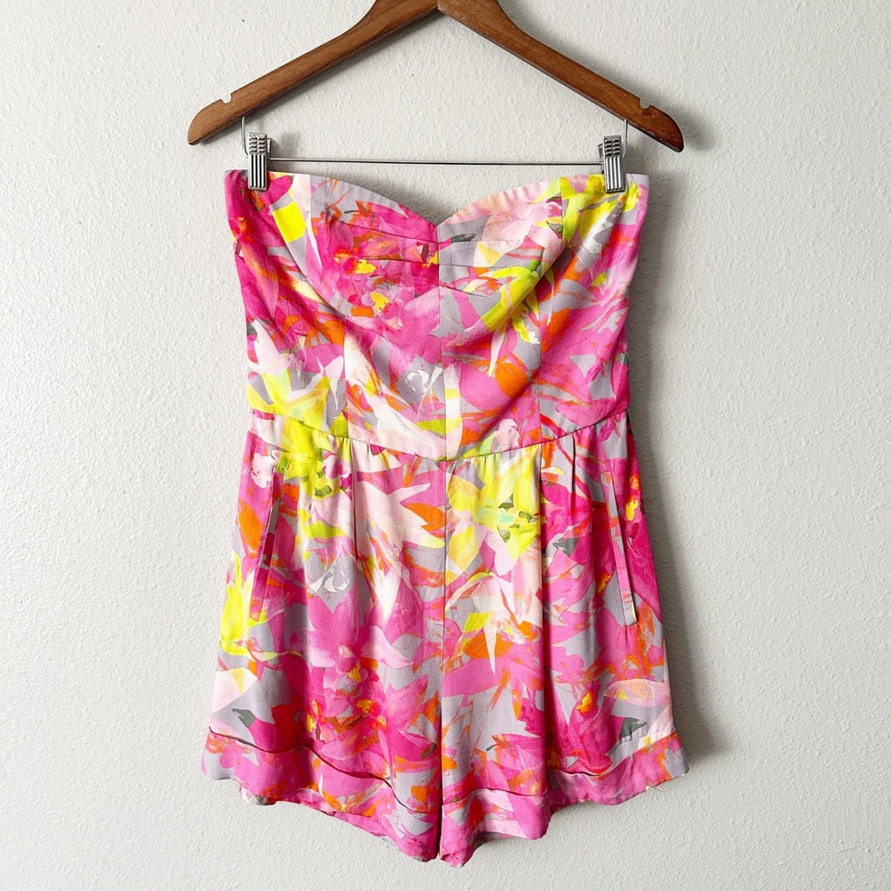 Trina Turk Marcel Pink Floral Strapless Romper Sweetheart Neckline Womens Size 6 - Picture 2 of 14